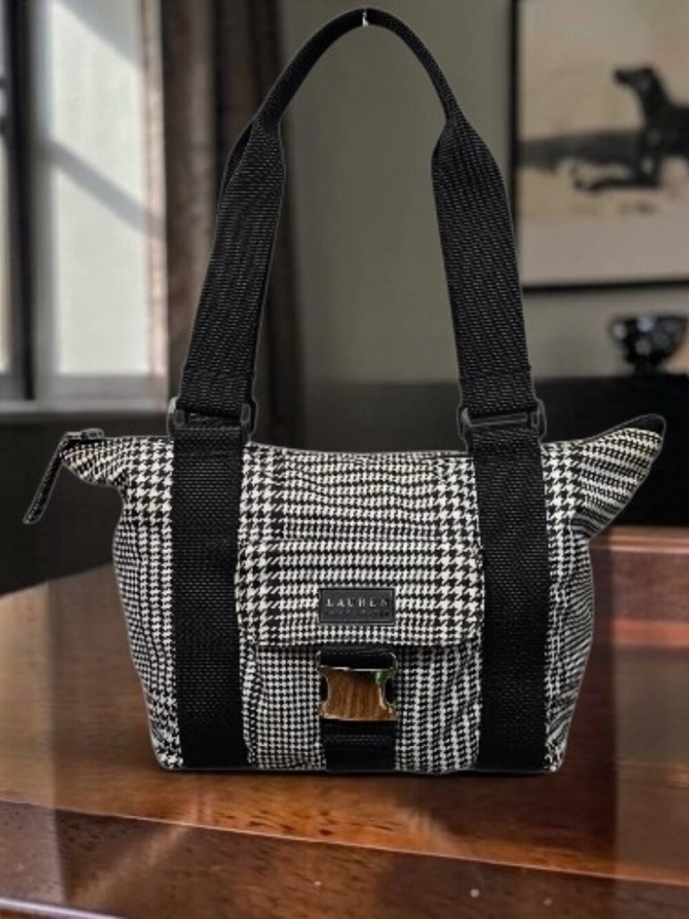 Lauren Ralph Lauren Houndstooth Satchel Nylon Shoulder Handbag Black And White - Picture 1 of 13